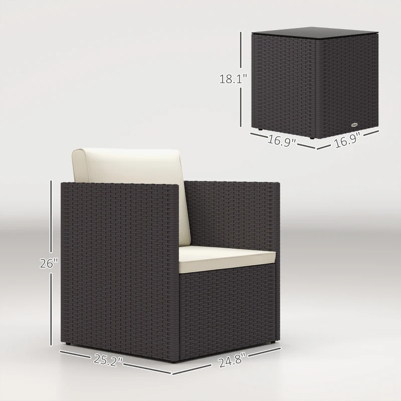 Outsunny Folding Wicker Bistro Set, 3 Piece Patio Furniture Set with Cushions and Glass Coffee Table for Porch, Balcony, Brown