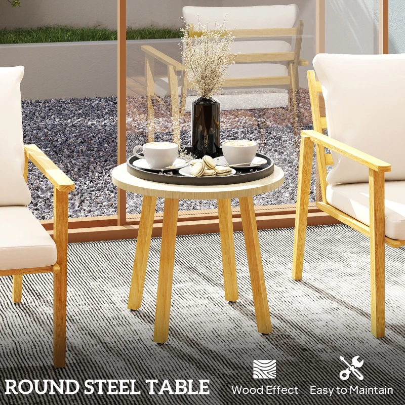 Outsunny 3 Piece Outdoor Bistro Set, Wood Effect Metal Patio Set with Wide and Deep Chairs, Round Table, Cushions, Cream White