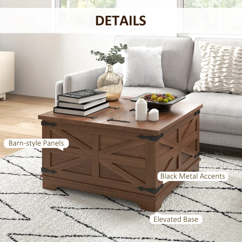HOMCOM Farmhouse Coffee Table, Square Center Table with Flip-top Lids, Hidden Storage Compartment, Brown