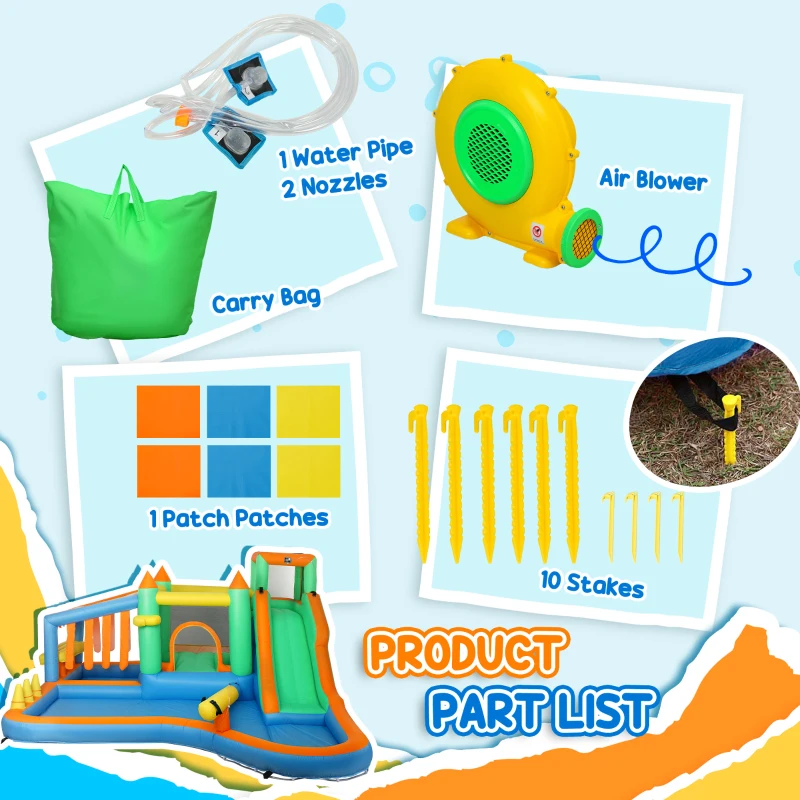 Qaba 8 in 1 Inflatable Bounce House Water Slide with 550W High Power Blower, for 3-8 Years