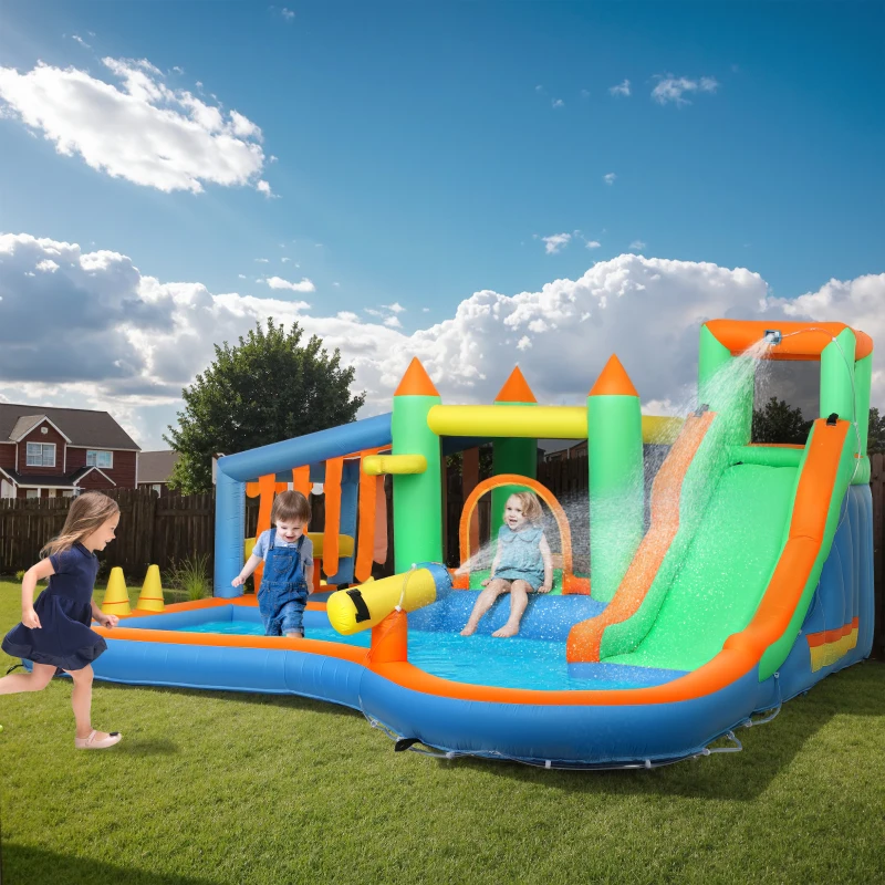 Qaba 8 in 1 Inflatable Bounce House Water Slide with 550W High Power Blower, for 3-8 Years
