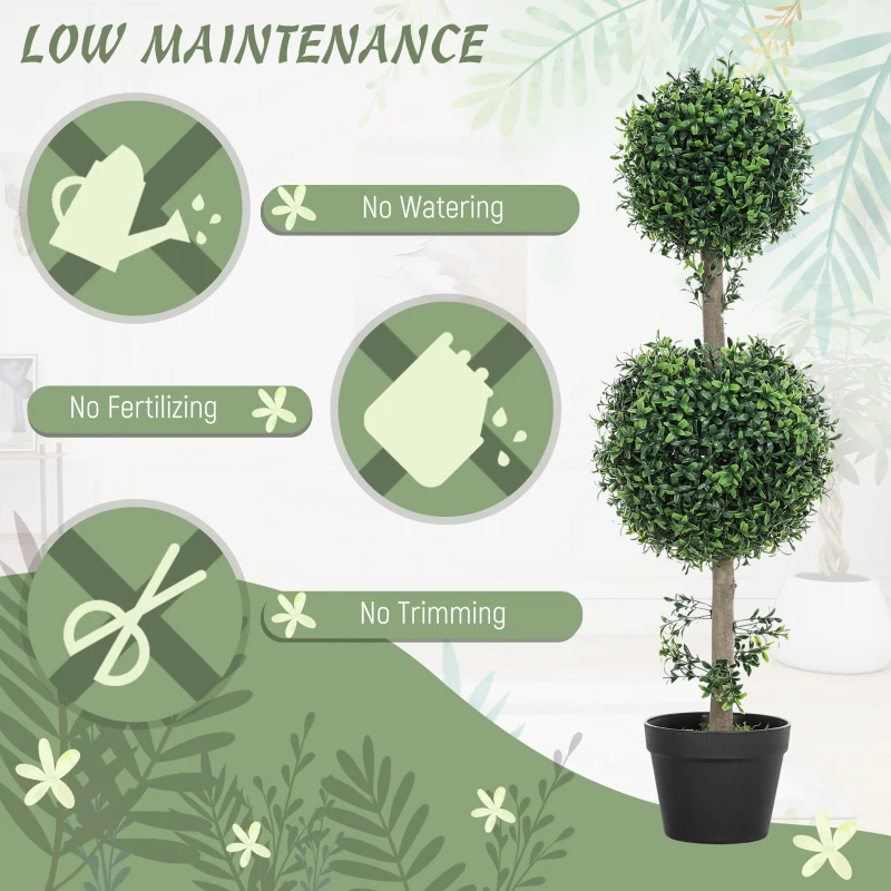 HOMCOM Set of 2 Artificial Ball Boxwood Topiary Trees, Fake Plants in Pot for Indoor Outdoor Living Room Green