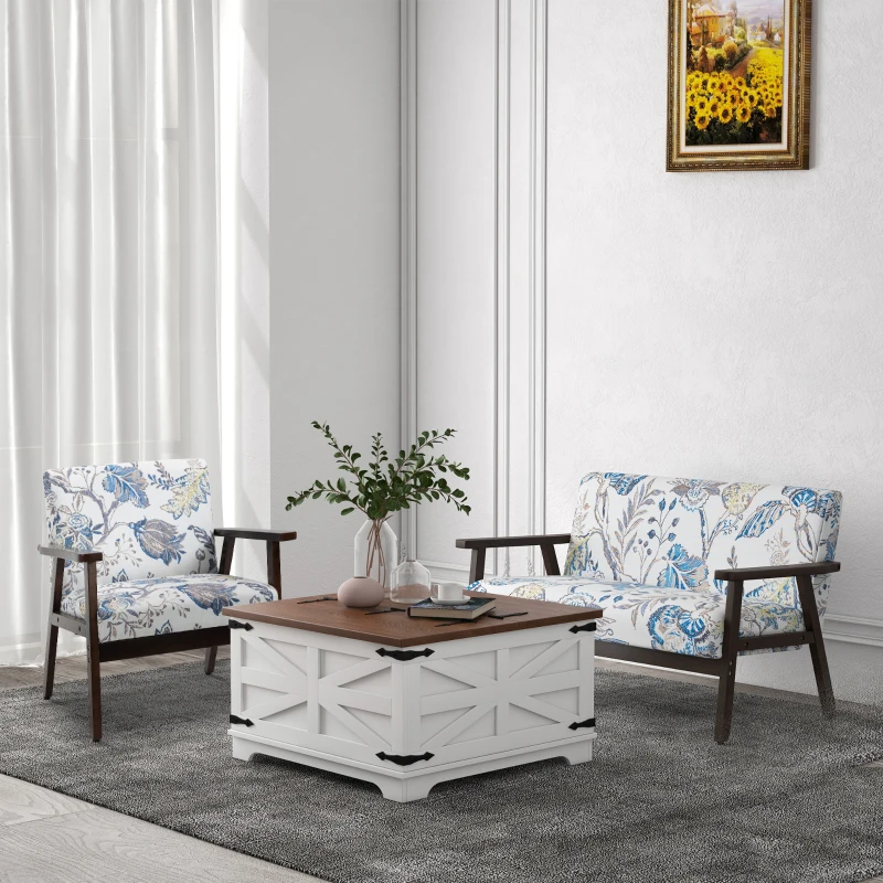 HOMCOM Farmhouse Coffee Table, Square Center Table with Flip-top Lids, Hidden Storage Compartment, White