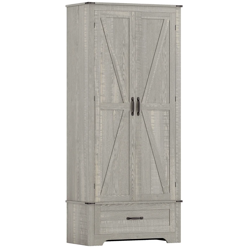 HOMCOM 72" Farmhouse Pantry Cabinet with Adjustable Shelves, Kitchen Pantry Cabinet with 2 Doors, Distressed Light Gray