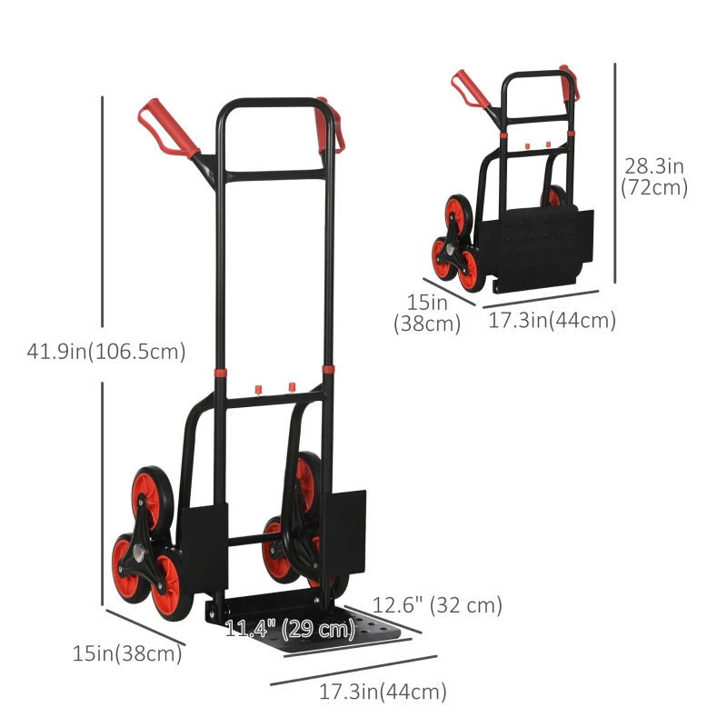 DURHAND 6-Wheels Stair Climber Trolley Cart, Hand Truck and Dolly, Foldable Steel Load Cart, 264lbs Capacity, Black and Red