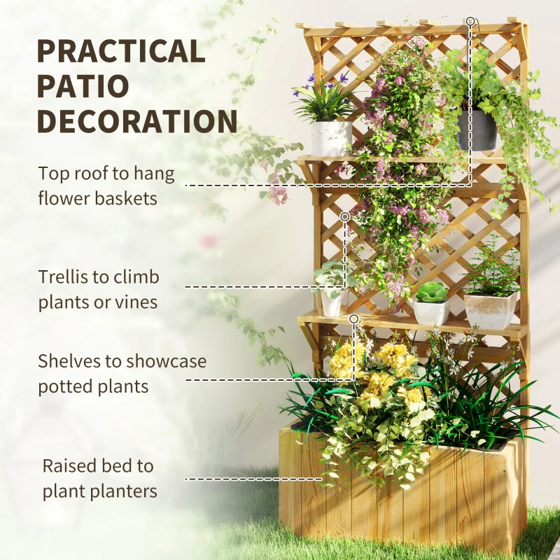 Outsunny Raised Garden Bed, Wooden Planter with Trellis, Hanging Roof, Plant Shelf, Drainage Holes and Bed Liner, Natural