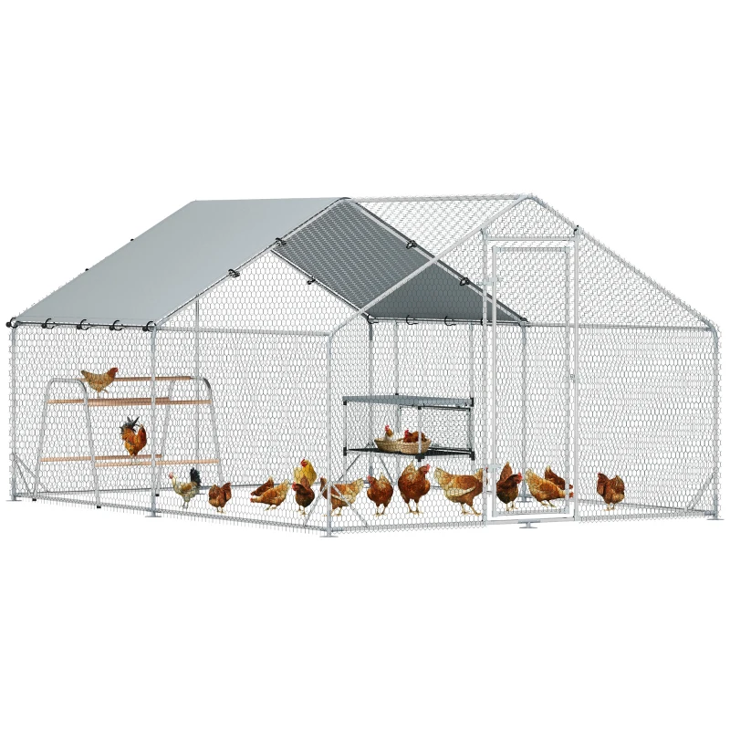 PawHut Metal Chicken Coop Run w/ Waterproof Cover, Nesting Box, Roosting Bars, for Outdoor Backyard, 9.8 x 13.1 x 6.4 ft