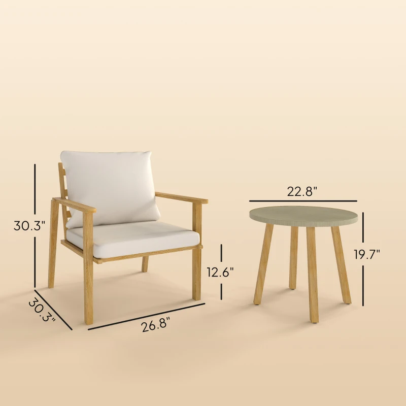 Outsunny 3 Piece Outdoor Bistro Set, Wood Effect Metal Patio Set with Wide and Deep Chairs, Round Table, Cushions, Cream White