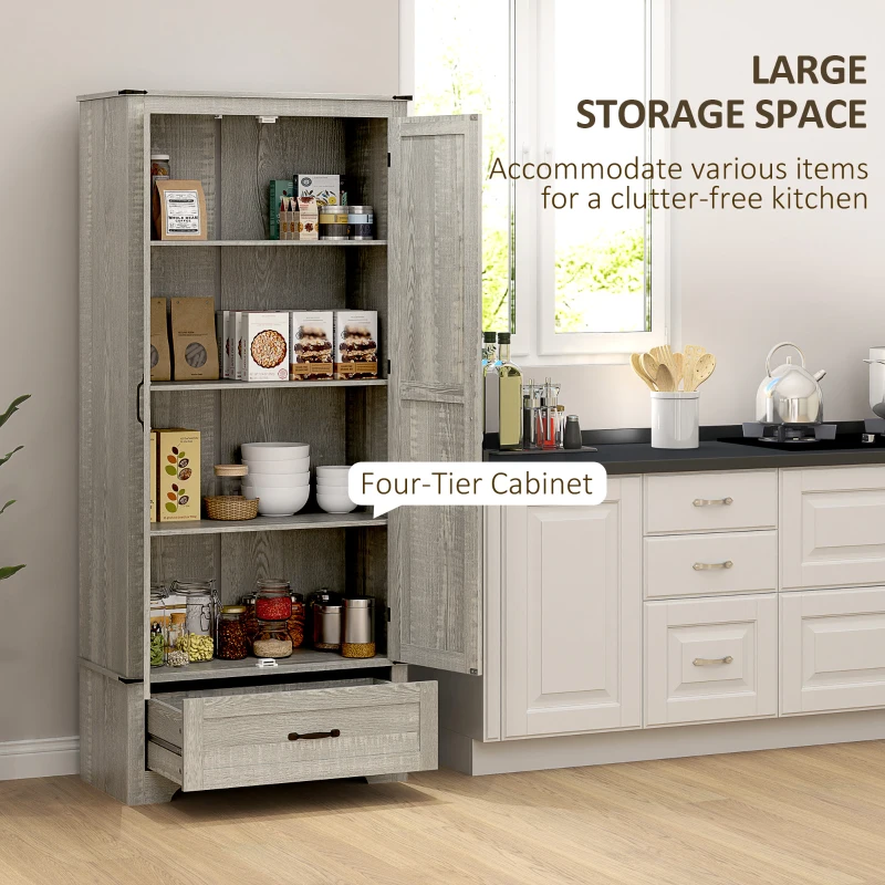 HOMCOM 72" Farmhouse Pantry Cabinet with Adjustable Shelves, Kitchen Pantry Cabinet with 2 Doors, Distressed Light Gray