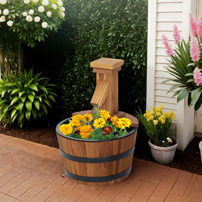 Outsunny Outdoor Waterfall Fountain, Garden Wood Barrel, Carbonized