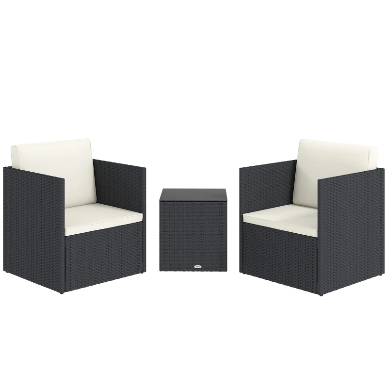 Outsunny Folding Wicker Bistro Set, 3 Piece Patio Furniture Set with Cushions and Glass Coffee Table for Porch, Balcony, Black