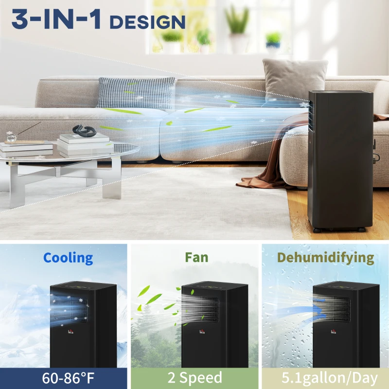 HOMCOM 10000 BTU Mobile Air Conditioner, 441 Sq. Ft., AC Unit with Dehumidifier, Sleep, 24H Timer On/Off, Window Kit, Black