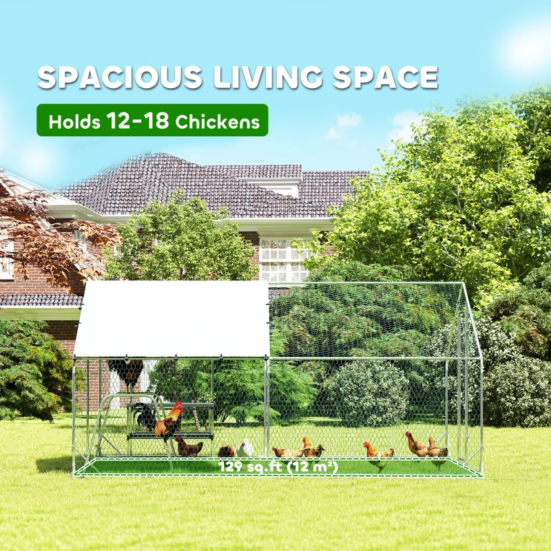 PawHut Metal Chicken Coop Run w/ Waterproof Cover, Nesting Box, Roosting Bars, for Outdoor Backyard, 9.8 x 13.1 x 6.4 ft