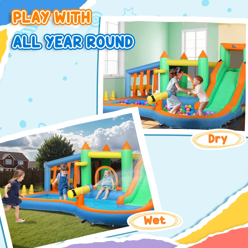 Qaba 8 in 1 Inflatable Bounce House Water Slide with 550W High Power Blower, for 3-8 Years