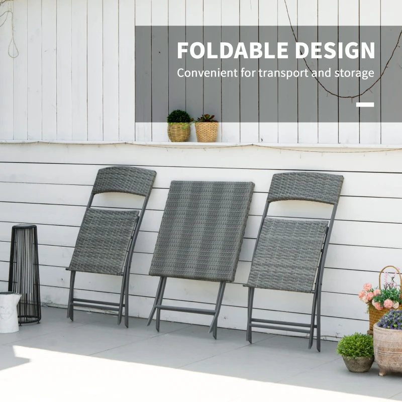 Outsunny 3-Piece Outdoor Folding Rattan Bistro Set, Grey