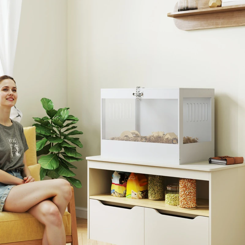 PawHut 31.5"L Hamster Cage with Openable Top, Hut, Seesaw, Ladder for Dwarf Hamster, Gerbil, White