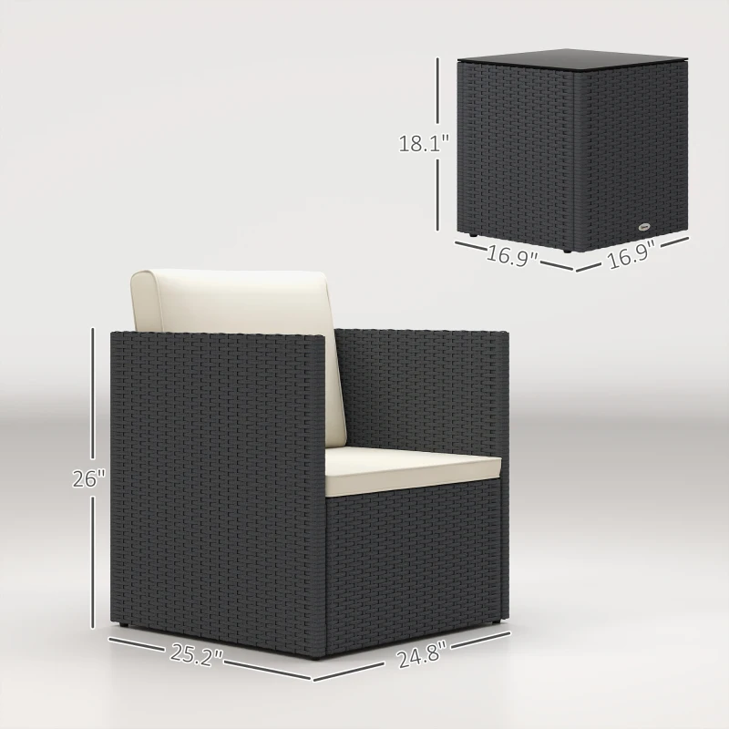 Outsunny Folding Wicker Bistro Set, 3 Piece Patio Furniture Set with Cushions and Glass Coffee Table for Porch, Balcony, Black