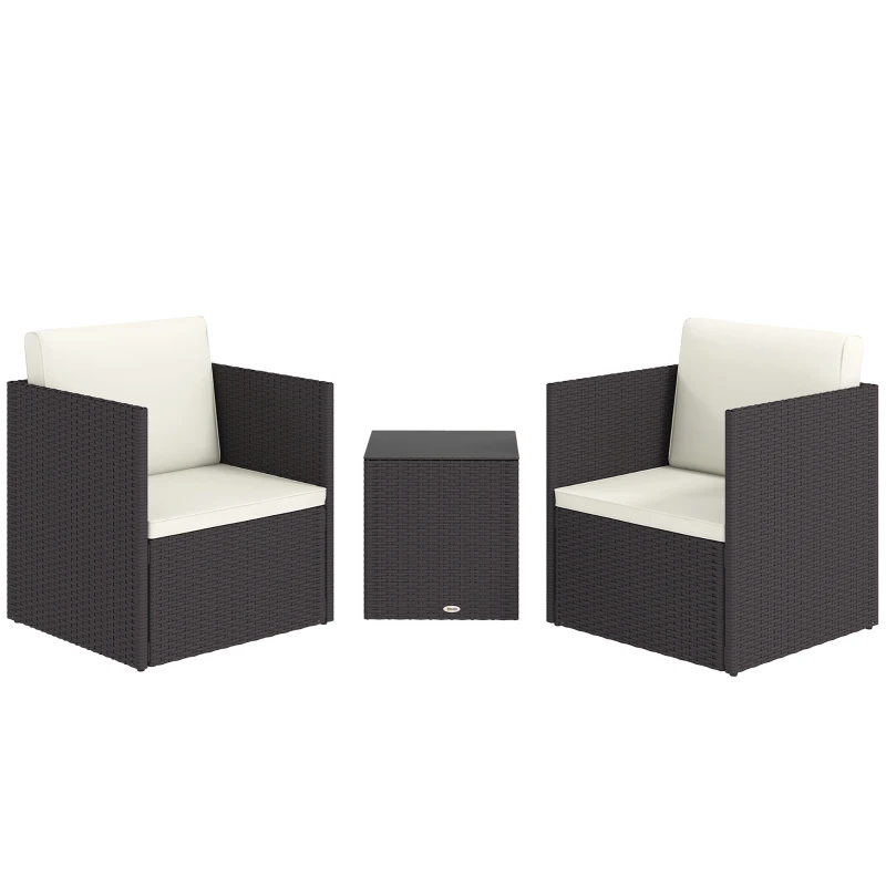 Outsunny Folding Wicker Bistro Set, 3 Piece Patio Furniture Set with Cushions and Glass Coffee Table for Porch, Balcony, Brown