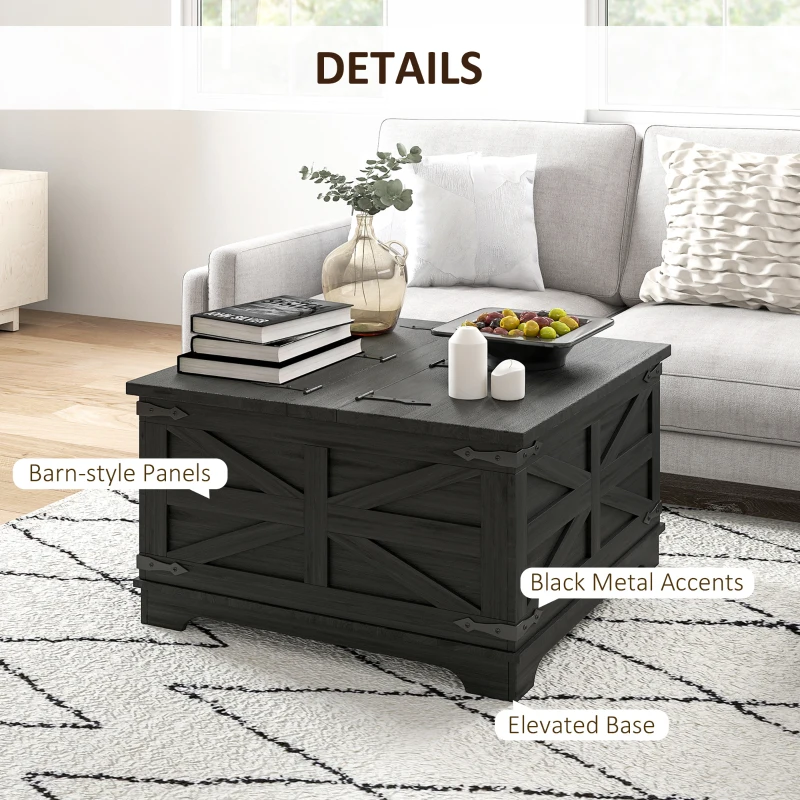 HOMCOM Farmhouse Coffee Table, Square Center Table with Flip-top Lids, Hidden Storage Compartment, Distressed Black