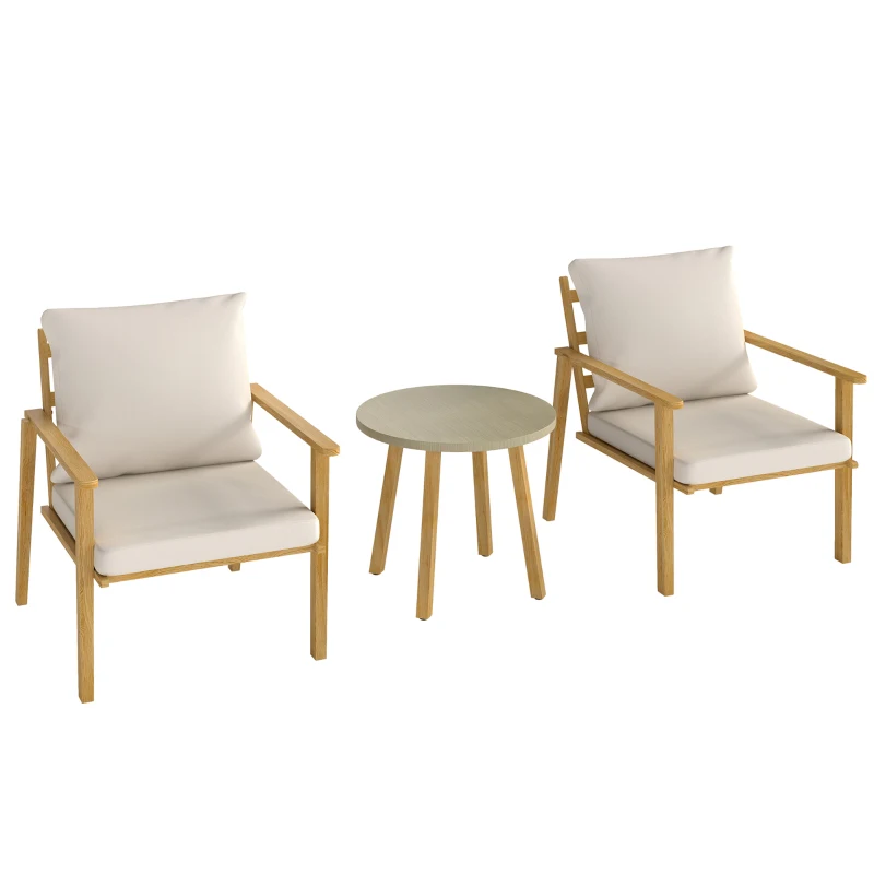 Outsunny 3 Piece Outdoor Bistro Set, Wood Effect Metal Patio Set with Wide and Deep Chairs, Round Table, Cushions, Cream White