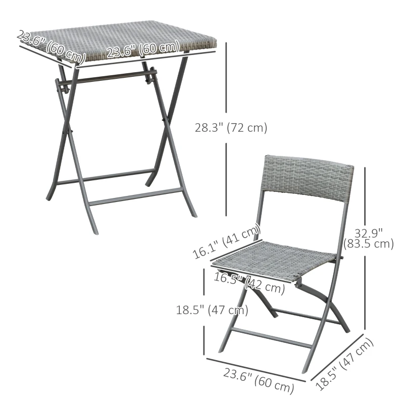 Outsunny 3-Piece Outdoor Folding Rattan Bistro Set, Grey