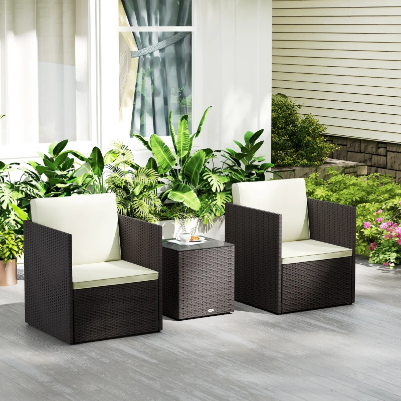Outsunny Folding Wicker Bistro Set, 3 Piece Patio Furniture Set with Cushions and Glass Coffee Table for Porch, Balcony, Brown
