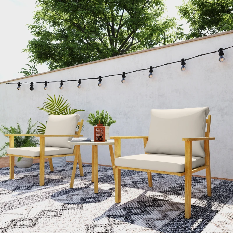 Outsunny 3 Piece Outdoor Bistro Set, Wood Effect Metal Patio Set with Wide and Deep Chairs, Round Table, Cushions, Cream White