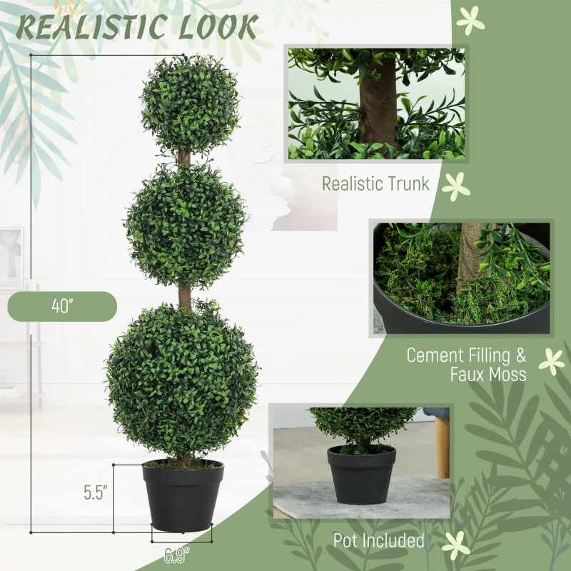 HOMCOM Set of 2 Artificial Ball Boxwood Topiary Trees, Fake Plants in Pot for Indoor Outdoor Living Room Green
