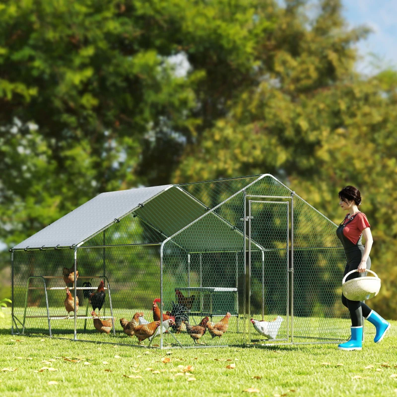 PawHut Metal Chicken Coop Run w/ Waterproof Cover, Nesting Box, Roosting Bars, for Outdoor Backyard, 9.8 x 13.1 x 6.4 ft