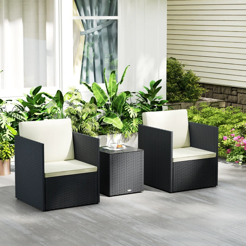 Outsunny Folding Wicker Bistro Set, 3 Piece Patio Furniture Set with Cushions and Glass Coffee Table for Porch, Balcony, Black