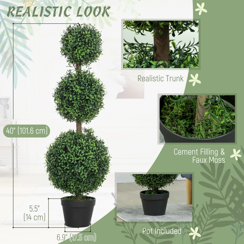 HOMCOM 2 Pack 40" Artificial Trees, Boxwood Topiary Ball Trees with Pot for Indoor, Outdoor, Home Office, Living Room, Green