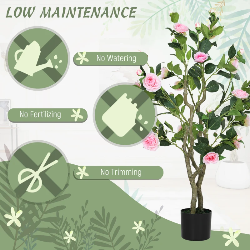 HOMCOM Set of 2 Decorative Artificial Plants, Camellia Flowers in Pots, Fakes Plant for Home Indoor Decor, 39 inch, Pink