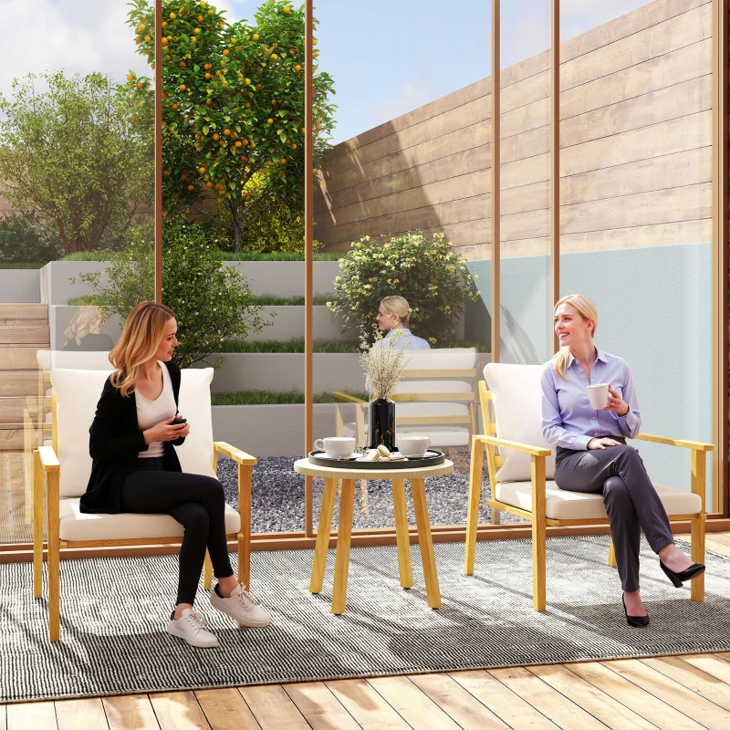 Outsunny 3 Piece Outdoor Bistro Set, Wood Effect Metal Patio Set with Wide and Deep Chairs, Round Table, Cushions, Cream White