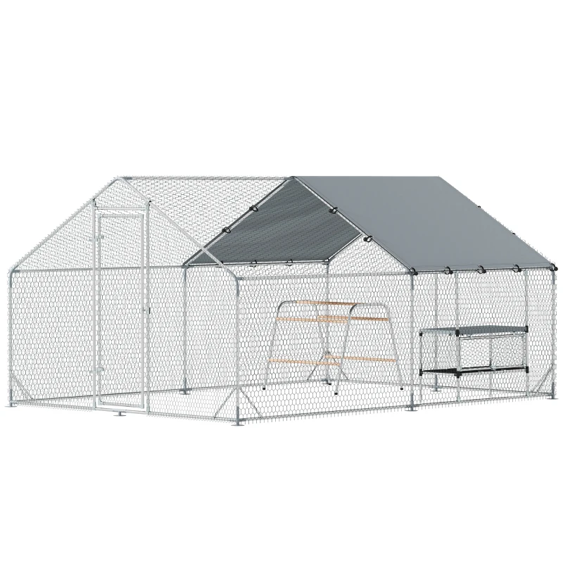 PawHut Metal Chicken Coop Run w/ Waterproof Cover, Nesting Box, Roosting Bars, for Outdoor Backyard, 9.8 x 13.1 x 6.4 ft
