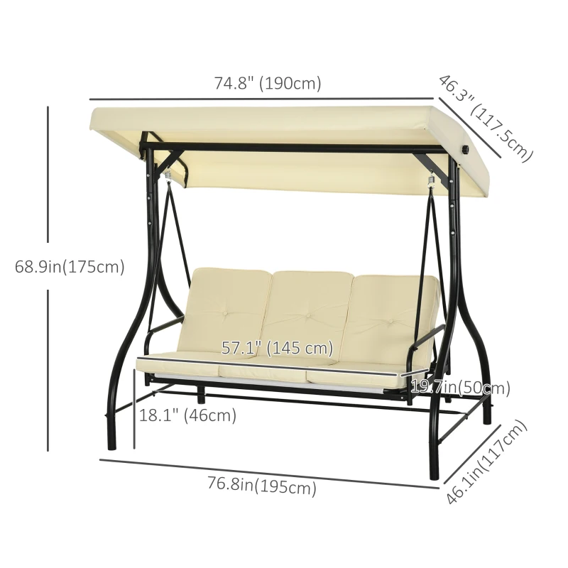 Outsunny Convertible Patio Swing Bed with Canopy and Cushions, 3 Seater Porch Swing for Outdoor, Backyard, Garden, Beige