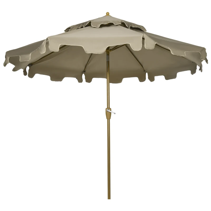 Outsunny 9' Patio Umbrella with Push Button Tilt and Crank, Double Top Ruffled Outdoor Market Table Umbrella with 8 Ribs, for Garden, Deck, Pool, Brown
