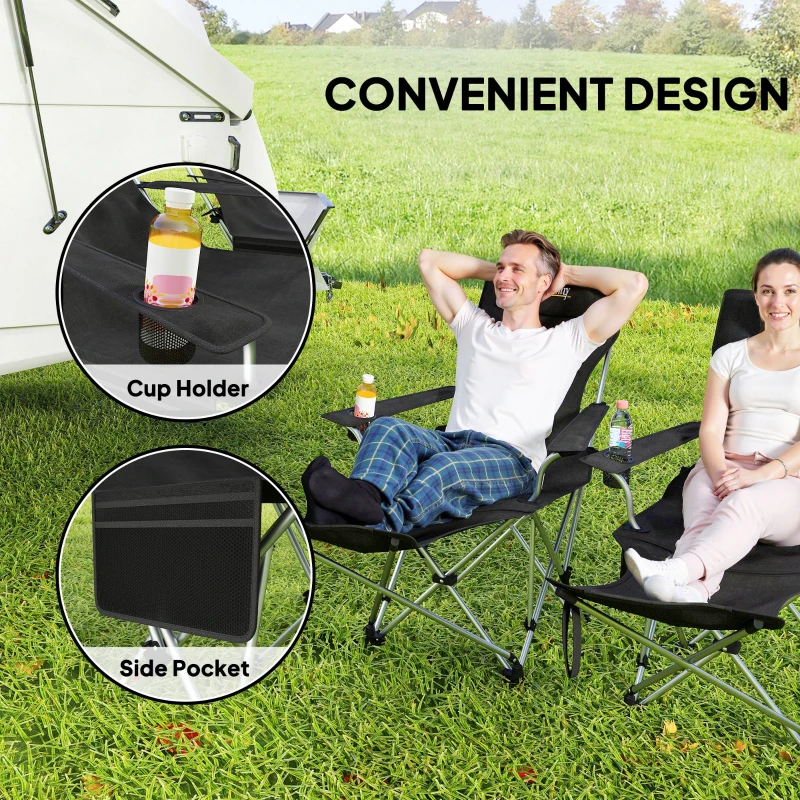 Outsunny Set of 2 Reclining Camping Chair with Foot Rest, Folding Camping Chair w/ Headrest, Cup Holder, Storage Bag, Black
