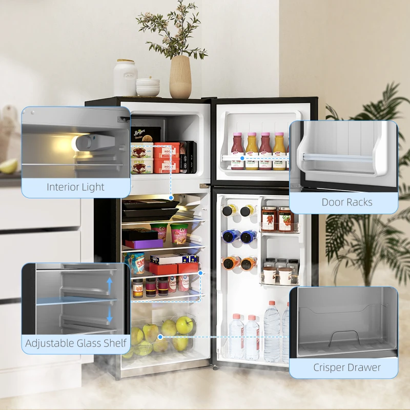 HOMCOM Small Fridge with Freezer, 4 Cu Ft Refrigerator with Reversible Doors, Black
