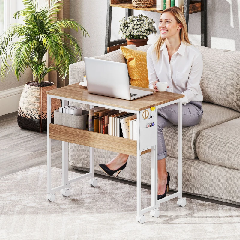 HOMCOM Folding Computer Desk, Foldable Desk with Storage Bag, Shelf and Wheels for Small Spaces, Home Office, Natural Wood