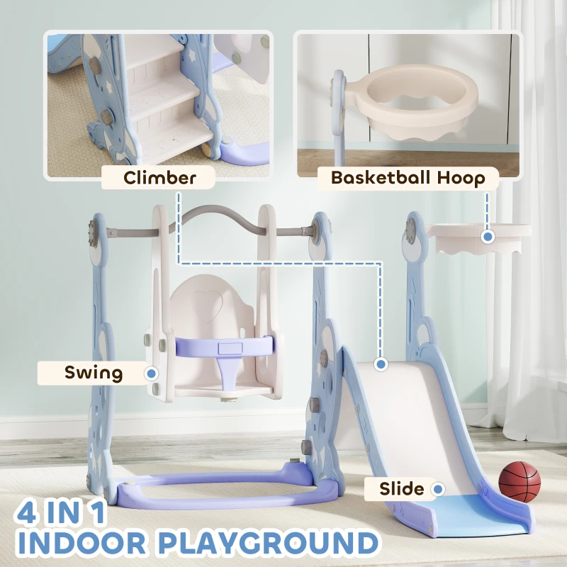 Qaba 4-in-1 Slide and Swing Set with Basketball Hoop, Climber, for Ages 1.5-4 Boys Girls Toddler, Rocket Themed, Light Blue