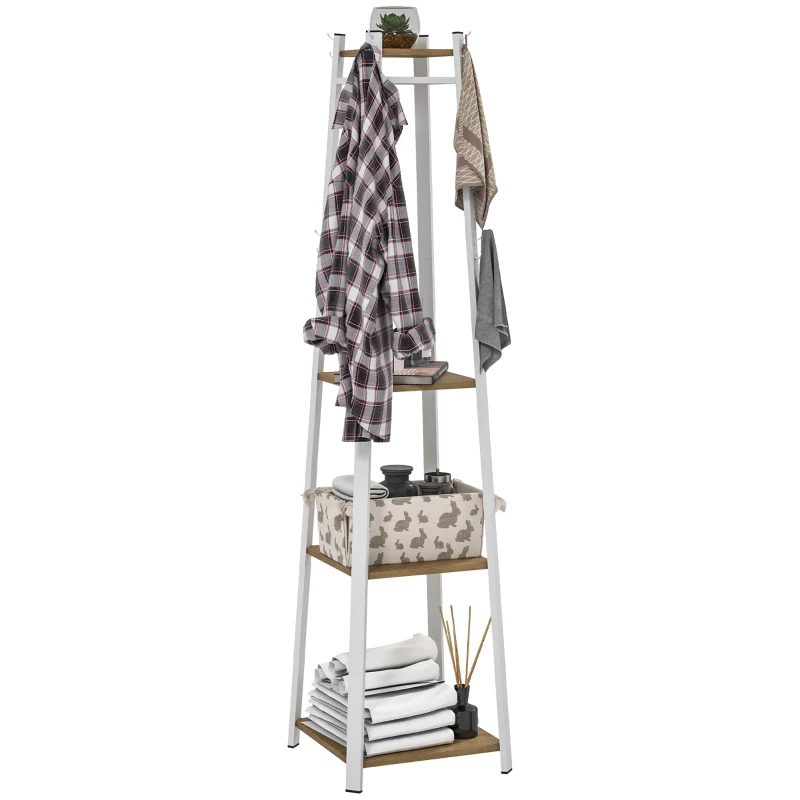 HOMCOM Clothes Rack with Storage, Garment Rack with 8 Hooks and 3-Tier Shelf, Clothes Stand for Bedroom, Entryway, Oak