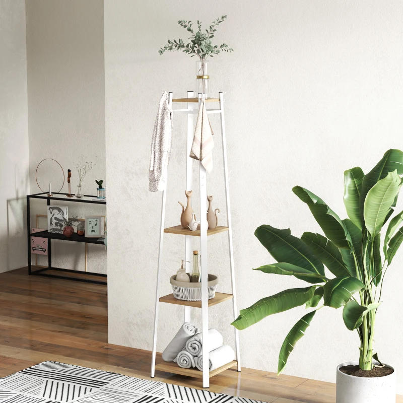 HOMCOM Clothes Rack with Storage, Garment Rack with 8 Hooks and 3-Tier Shelf, Clothes Stand for Bedroom, Entryway, Oak