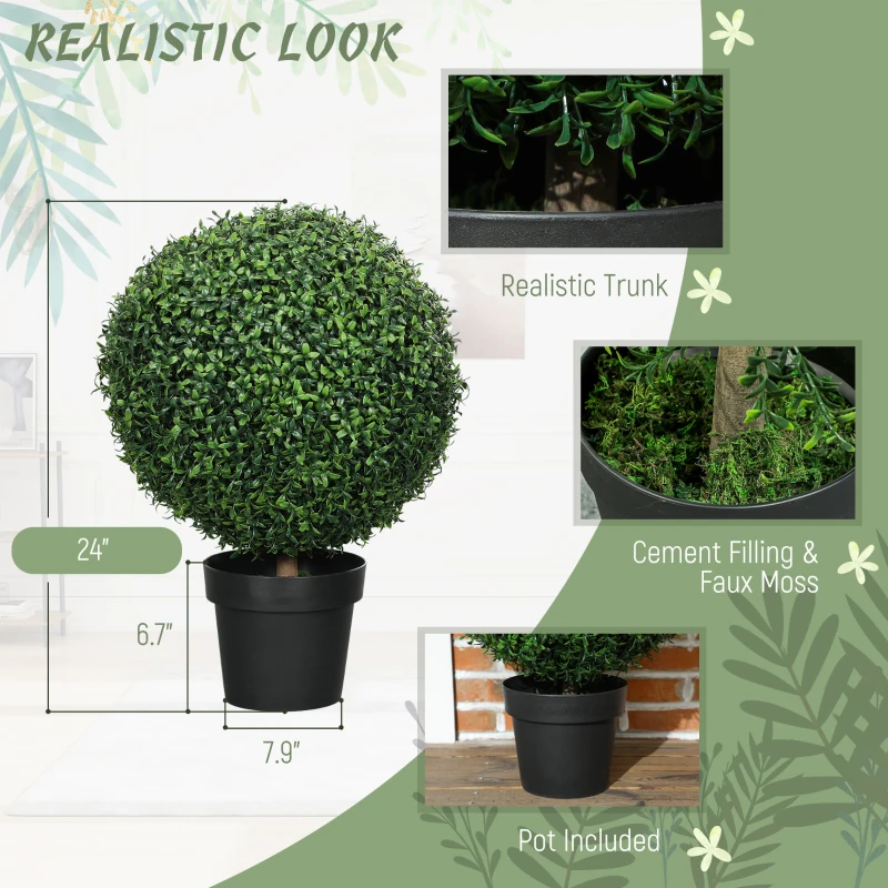 HOMCOM Set of 2 Artificial Ball Boxwood Topiary Trees, Fake Plants in Pot for Indoor Outdoor Living Room Green