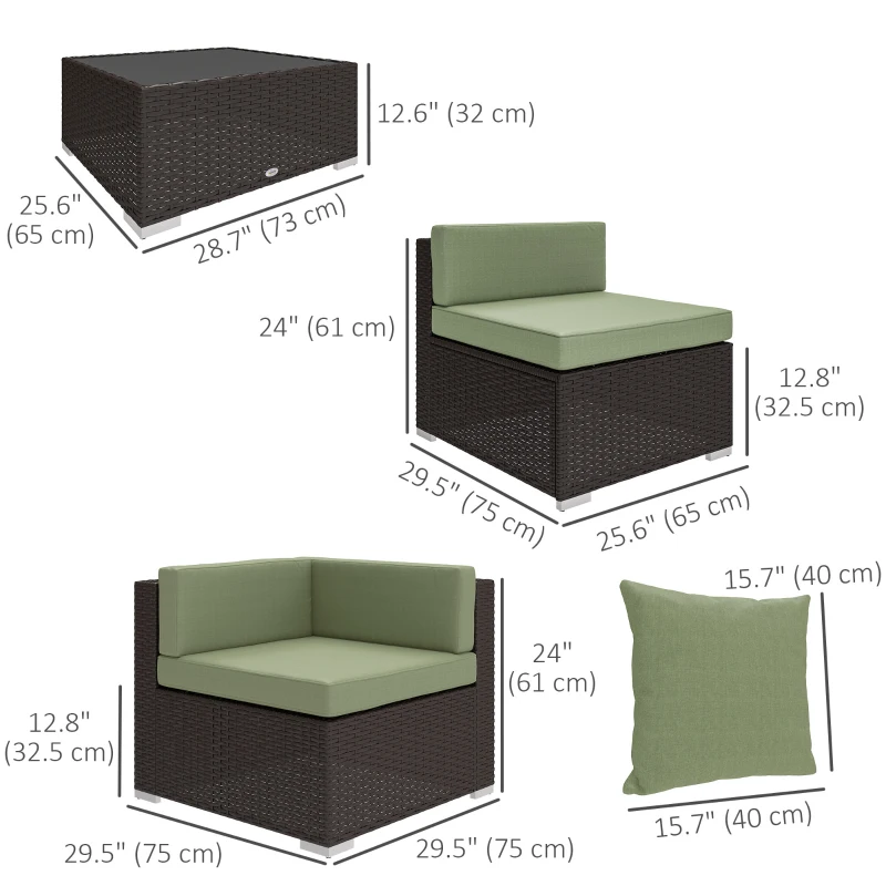 Outsunny 7 Pieces Outdoor Rattan Furniture Set, Patio Wicker Sectional Conversation Sofa Set, Light Green