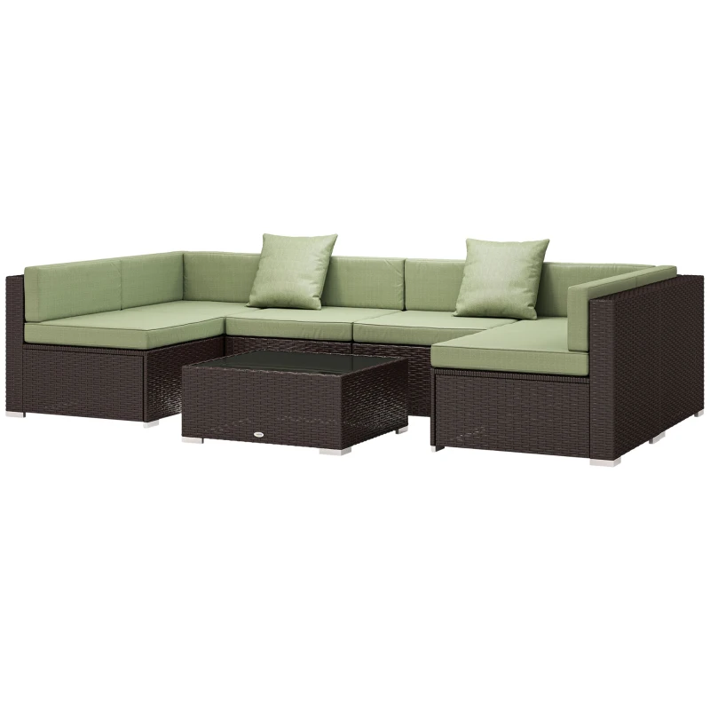Outsunny 7 Pieces Outdoor Rattan Furniture Set, Patio Wicker Sectional Conversation Sofa Set, Light Green