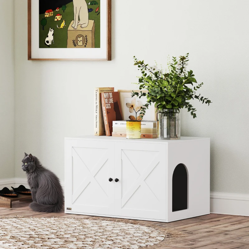 PawHut Cat Litter Box Enclosure with Double Doors, Handles, Fit Most of Cat and Litter Box, 31.5" x 21" x 20", White