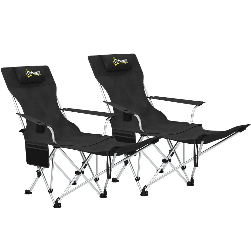 Outsunny Set of 2 Reclining Camping Chair with Foot Rest, Folding Camping Chair w/ Headrest, Cup Holder, Storage Bag, Black