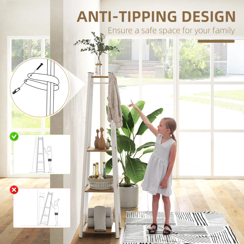 HOMCOM Clothes Rack with Storage, Garment Rack with 8 Hooks and 3-Tier Shelf, Clothes Stand for Bedroom, Entryway, Oak