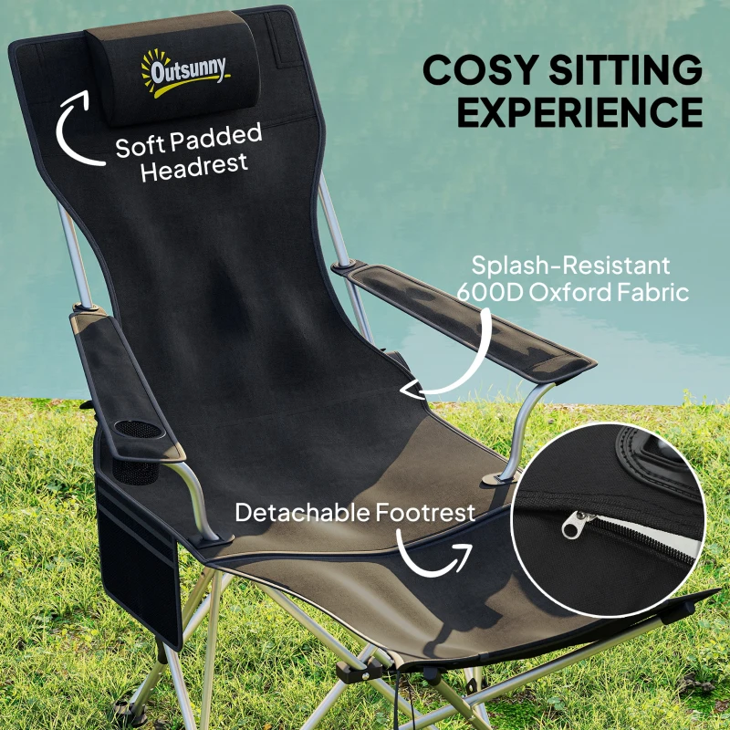 Outsunny Set of 2 Reclining Camping Chair with Foot Rest, Folding Camping Chair w/ Headrest, Cup Holder, Storage Bag, Black