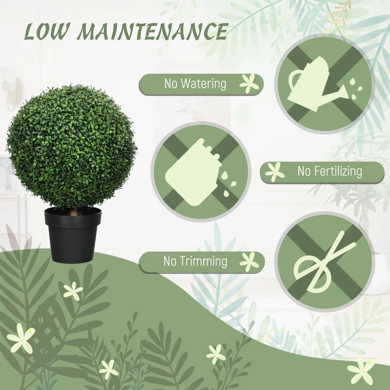 HOMCOM Set of 2 Artificial Ball Boxwood Topiary Trees, Fake Plants in Pot for Indoor Outdoor Living Room Green